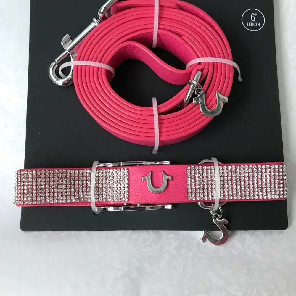 True Religion Pet Collar & Leash Set  Horseshoe Charms Logo Pink  Size : L